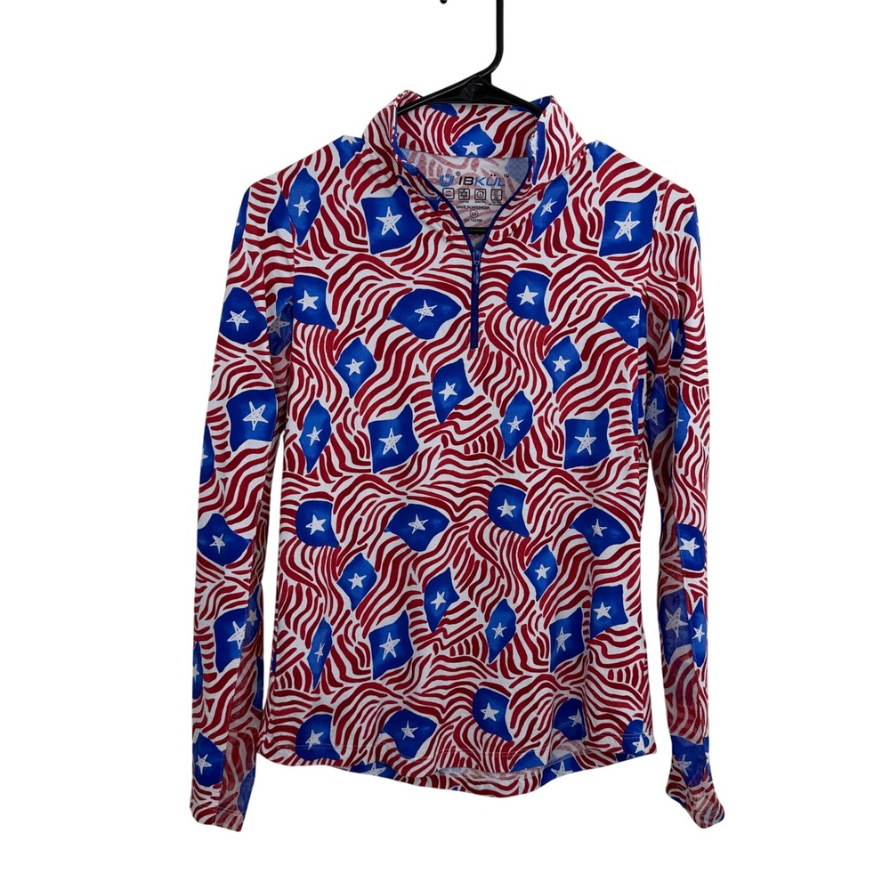 IBKUL Top Womens XS Red White Blue Star Print Quarter Zip Long Sleeve Sun Shirt